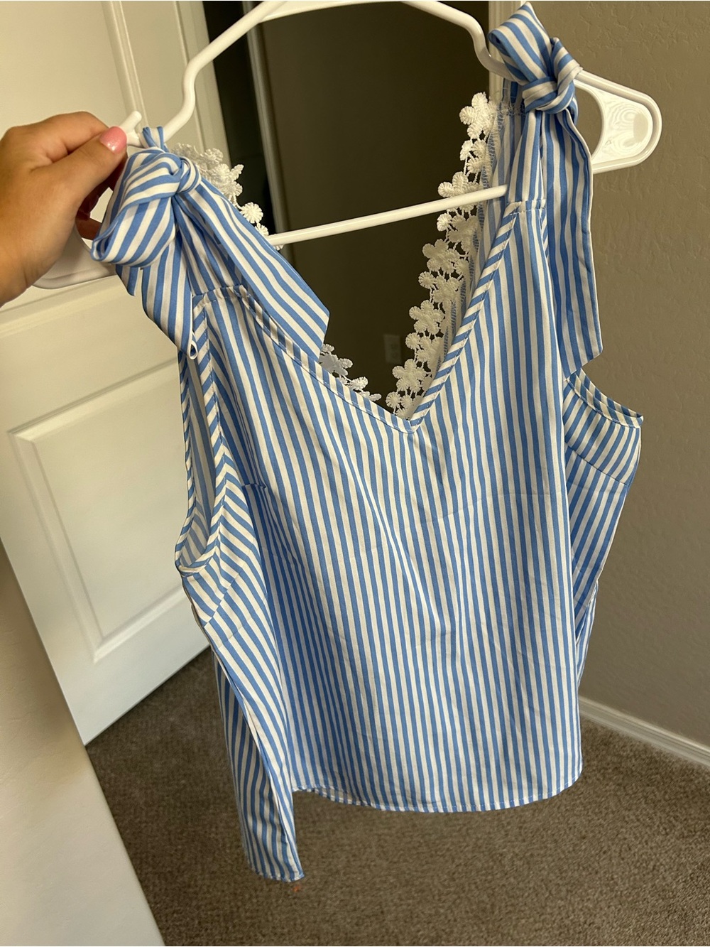 SHEIN Blue and White Striped Tie-Shoulder Tank with Lace Trim